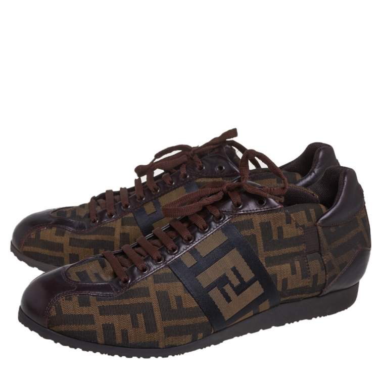 Pre Owned Fendi Brown Zucca Canvas And Leather Low Top Sneakers Size 42