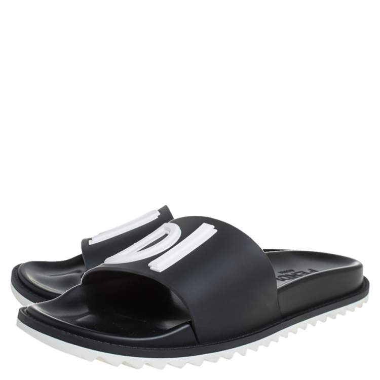 Pre Owned Fendi Black Rubber Vocabulary Slides Sandals Size 40