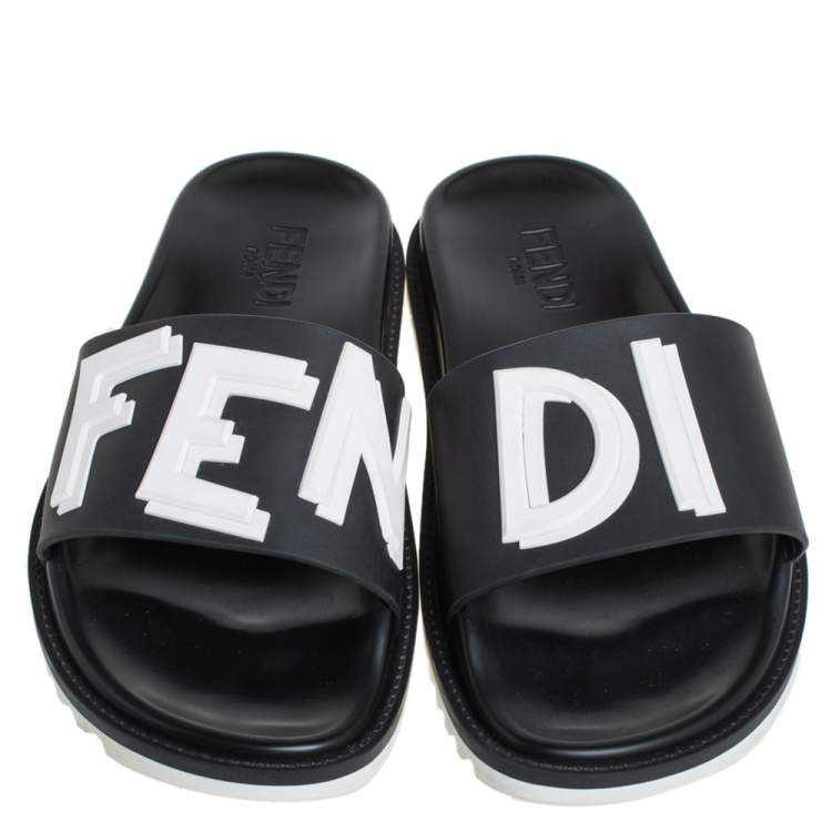 Pre Owned Fendi Black Rubber Vocabulary Slides Sandals Size 40