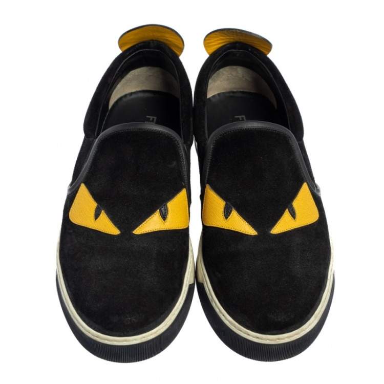 Pre Owned Fendi Black/Yellow Suede And Leather Monster Eye Slip On Sneakers Size 42