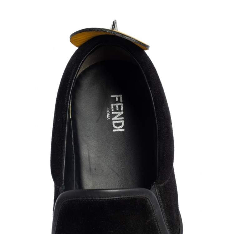 Pre Owned Fendi Black/Yellow Suede And Leather Monster Eye Slip On Sneakers Size 42