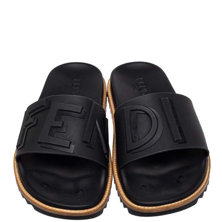 Pre Owned Fendi Black Rubber Logo Slide Sandals Size 43