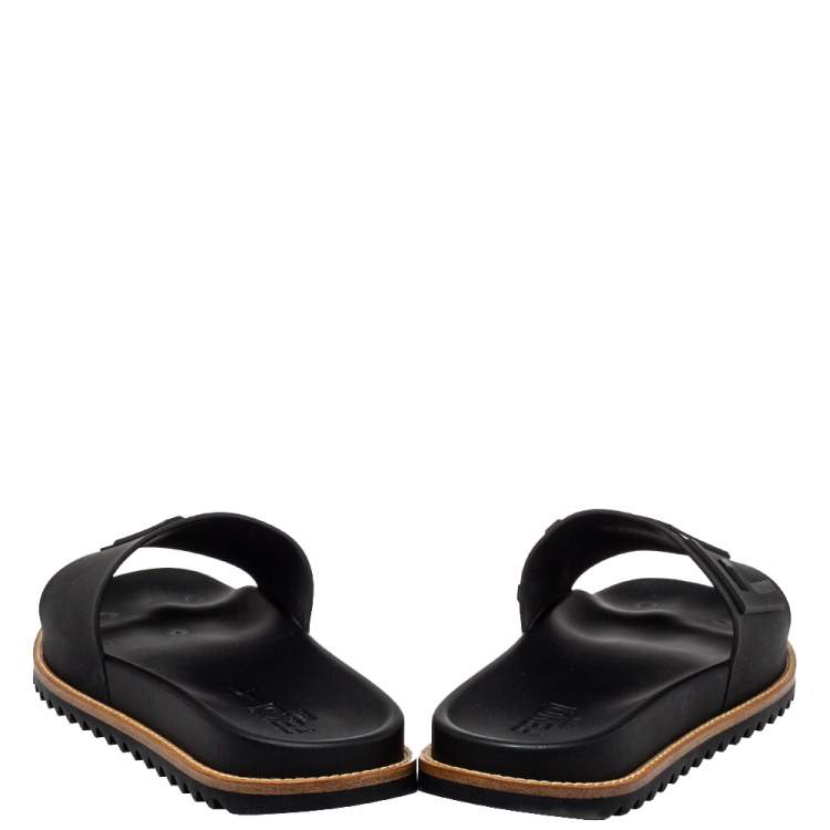 Pre Owned Fendi Black Rubber Logo Slide Sandals Size 43
