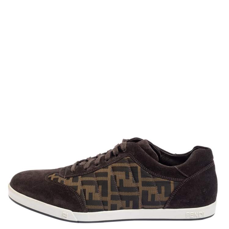 Pre Owned Fendi Brown Suede And Zucca Canvas Low Top Sneakers Size 43.5