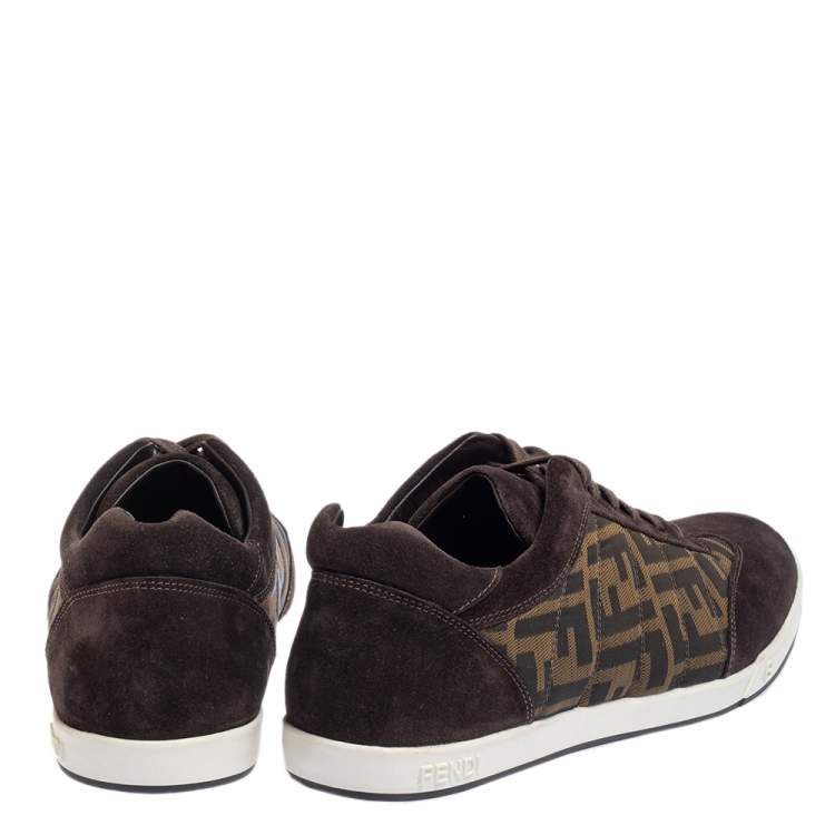 Pre Owned Fendi Brown Suede And Zucca Canvas Low Top Sneakers Size 43.5