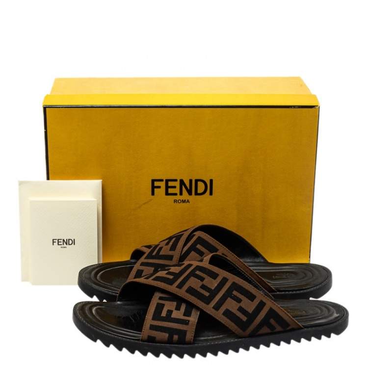 Pre Owned Fendi Brown Zucca Canvas Crisscross Slide Sandals Size 41