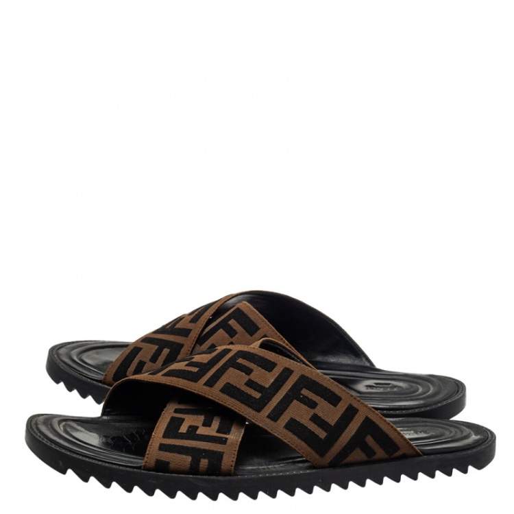 Pre Owned Fendi Brown Zucca Canvas Crisscross Slide Sandals Size 41
