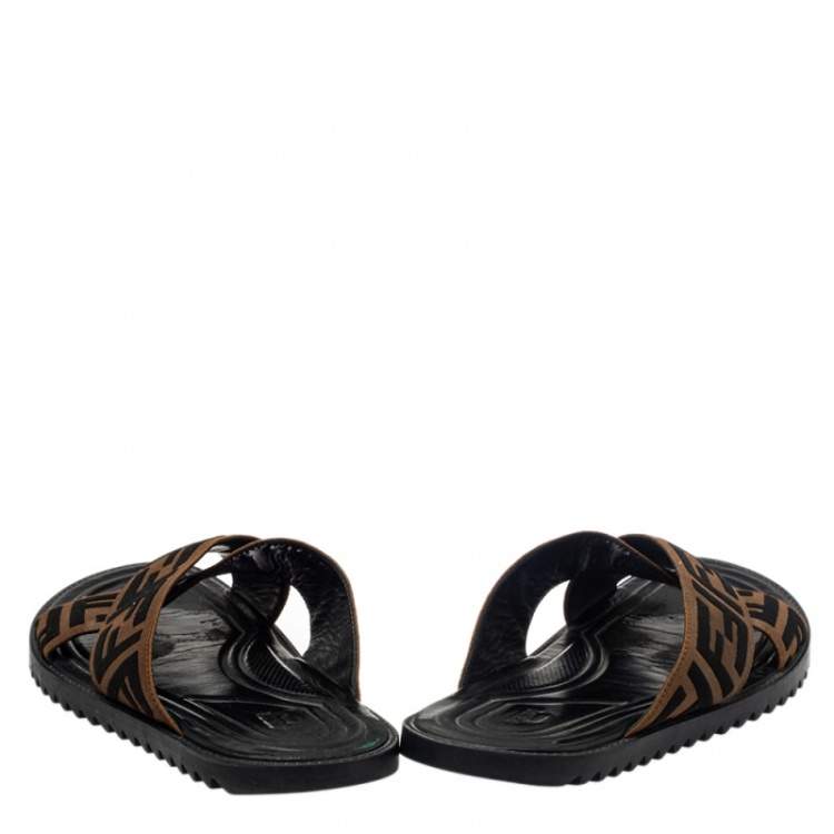 Pre Owned Fendi Brown Zucca Canvas Crisscross Slide Sandals Size 41