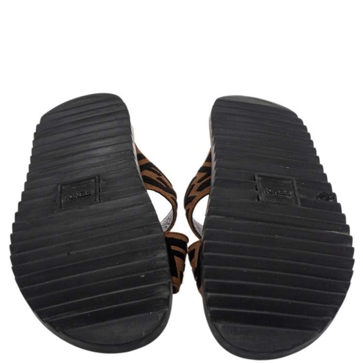 Pre Owned Fendi Brown Zucca Canvas Crisscross Slide Sandals Size 41