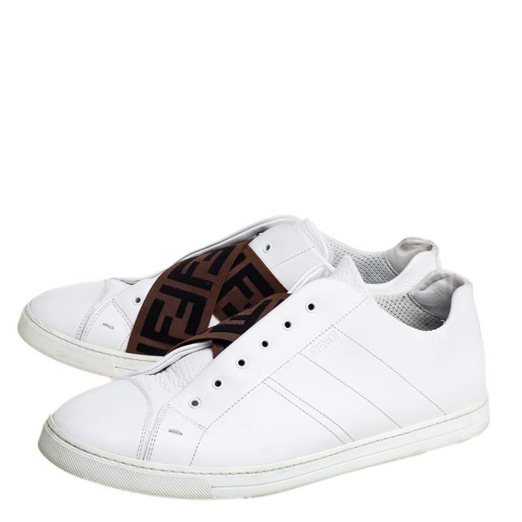 Pre Owned Fendi White Leather FF Crisscross Strap Slip On Sneakers Size 44