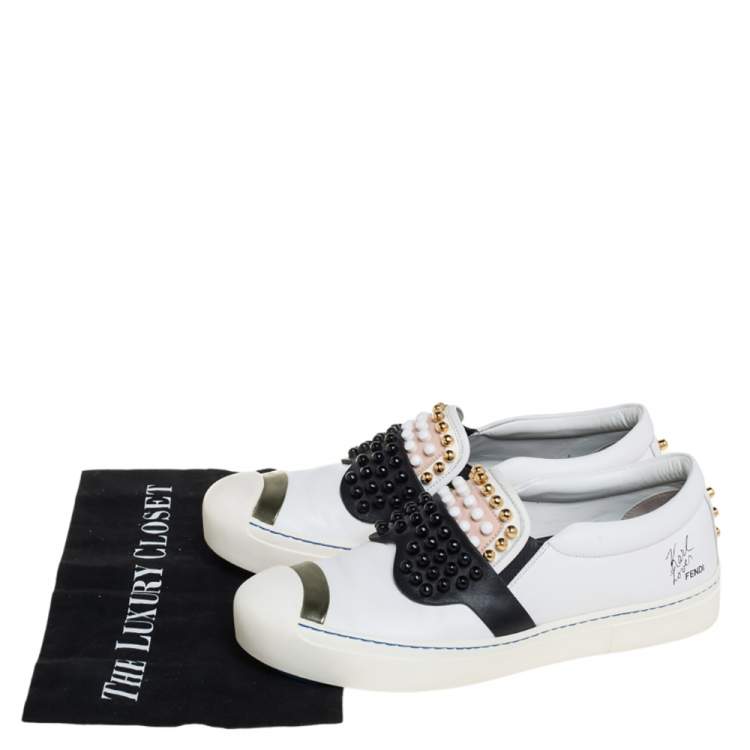 Pre Owned Fendi White/Black Leather Studded Karlito Slip On Sneakers Size 40
