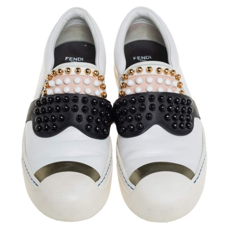 Pre Owned Fendi White/Black Leather Studded Karlito Slip On Sneakers Size 40