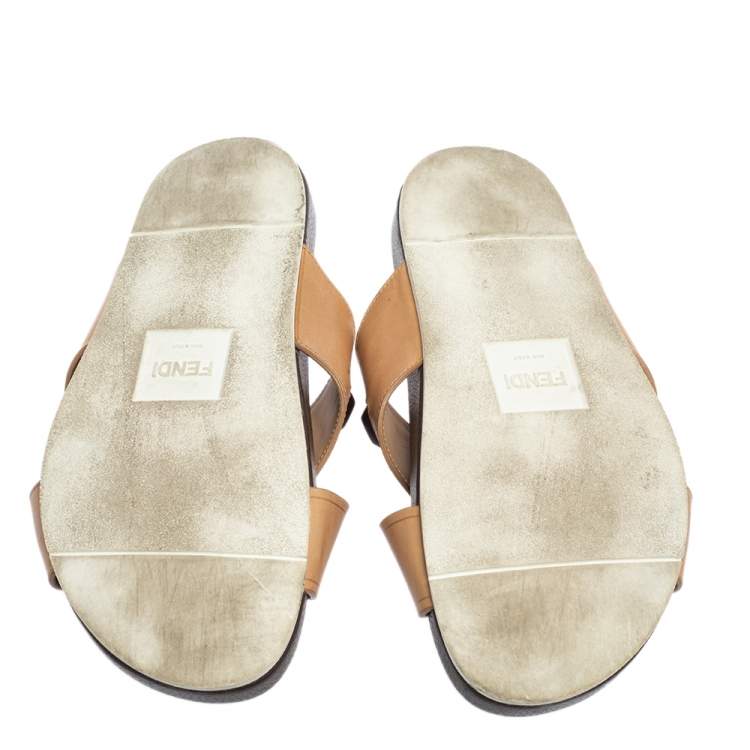Pre Owned Fendi Brown Leather Cross Strap Slide Sandals Size 41