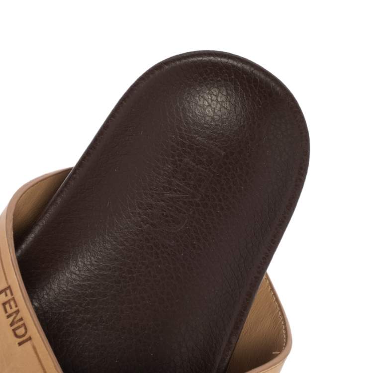 Pre Owned Fendi Brown Leather Cross Strap Slide Sandals Size 41