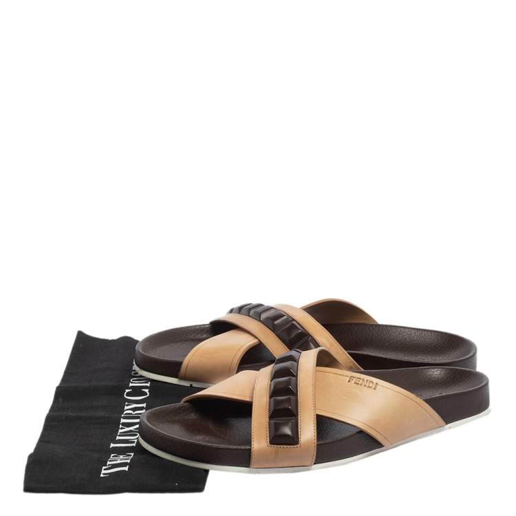 Pre Owned Fendi Brown Leather Cross Strap Slide Sandals Size 41