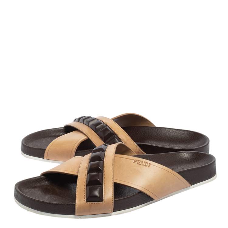 Pre Owned Fendi Brown Leather Cross Strap Slide Sandals Size 41
