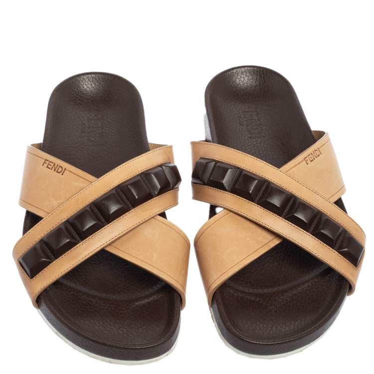Pre Owned Fendi Brown Leather Cross Strap Slide Sandals Size 41