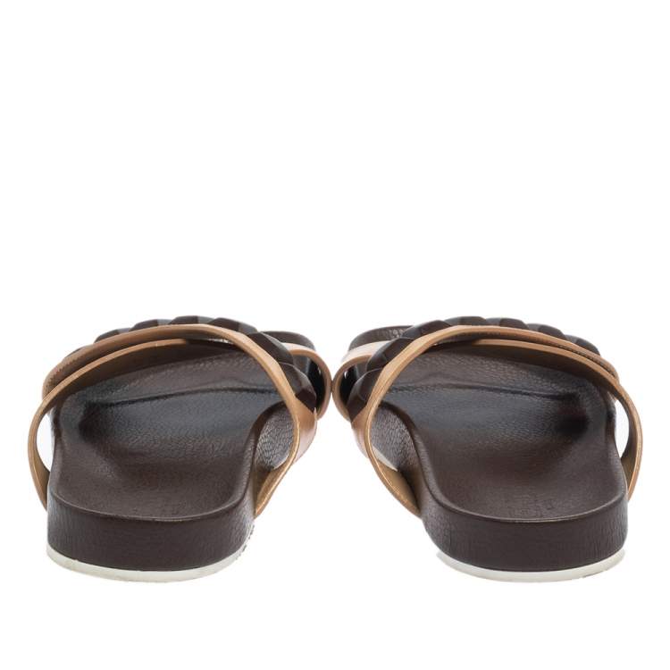 Pre Owned Fendi Brown Leather Cross Strap Slide Sandals Size 41