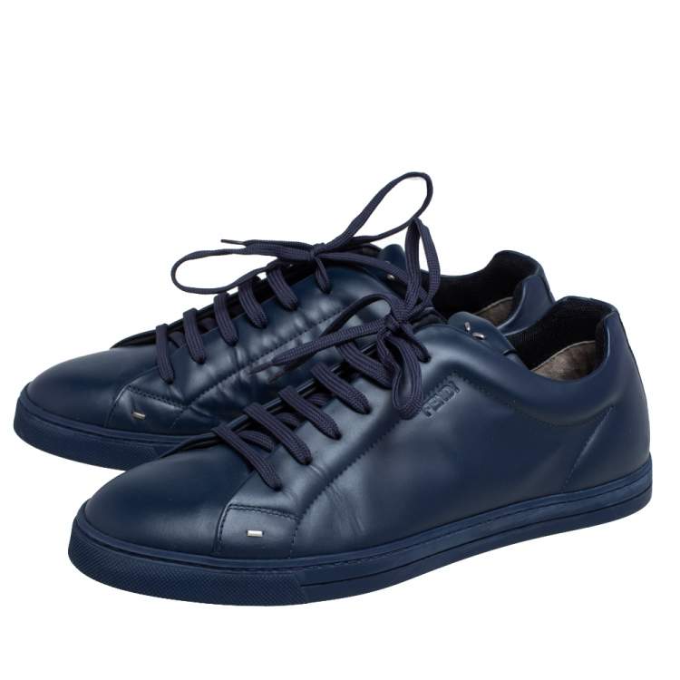 Pre Owned Fendi Navy Blue Leather Faces Low Top Sneakers Size 42