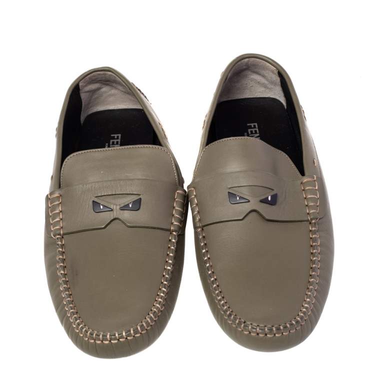 Pre Owned Fendi Green Leather Slip On Loafers Size 43