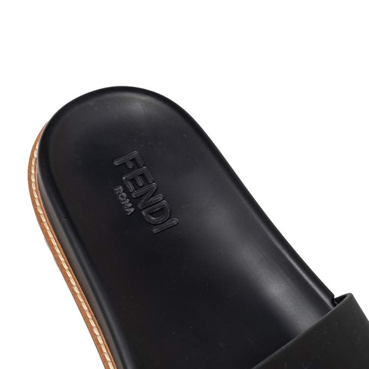Pre Owned Fendi Black Rubber Flat Slides Size 46