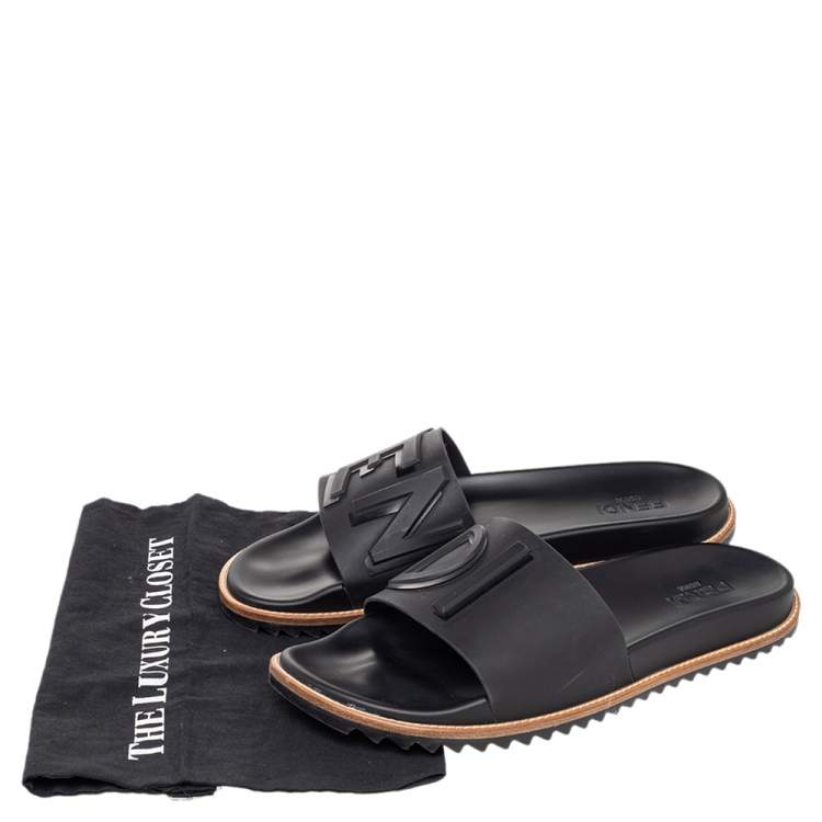 Pre Owned Fendi Black Rubber Flat Slides Size 46