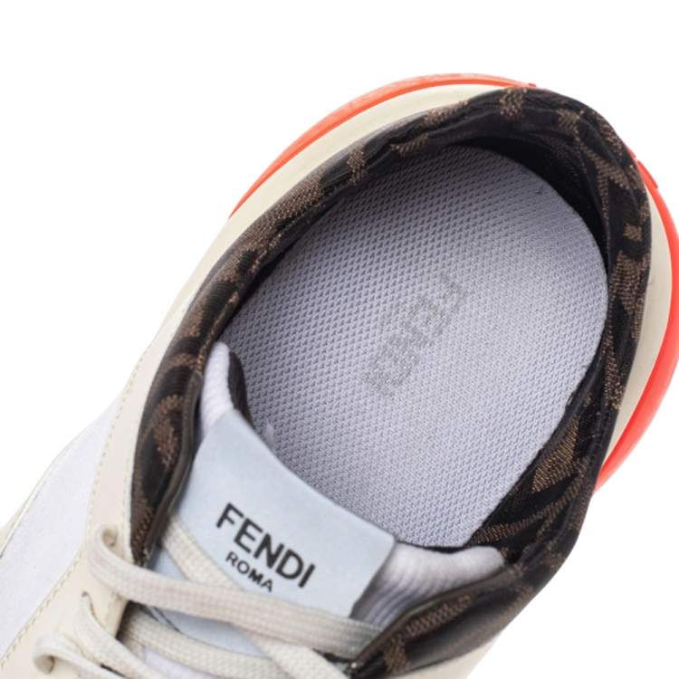 Pre Owned Fendi White/Brown FF Logo Canvas And Leather Low Top Sneakers Size 43