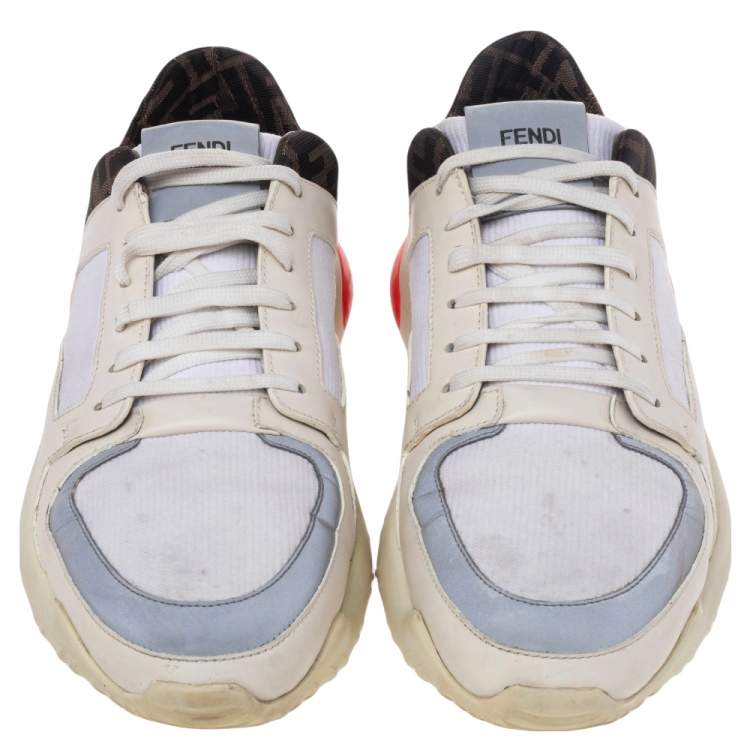 Pre Owned Fendi White/Brown FF Logo Canvas And Leather Low Top Sneakers Size 43