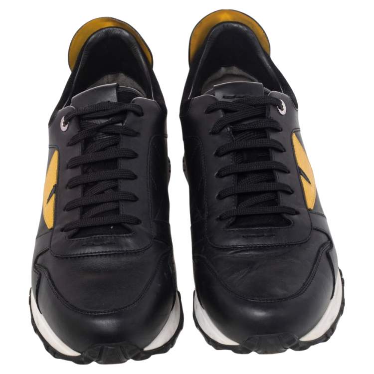 Pre Owned Fendi Black/Yellow Leather and Suede Bag Bugs Low Top Sneakers Size 42