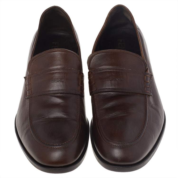 Pre Owned Fendi Brown Leather Slip On Loafers Size 43.5