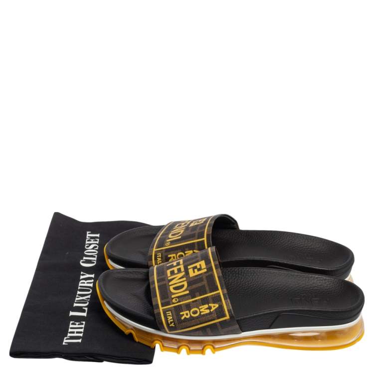 Pre Owned Fendi Tobacco/Yellow Zucca Coated Canvas Logo Slide Sandals Size 42