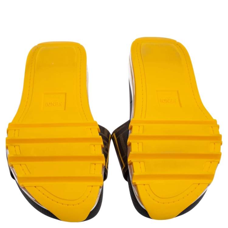 Pre Owned Fendi Tobacco/Yellow Zucca Coated Canvas Logo Slide Sandals Size 42