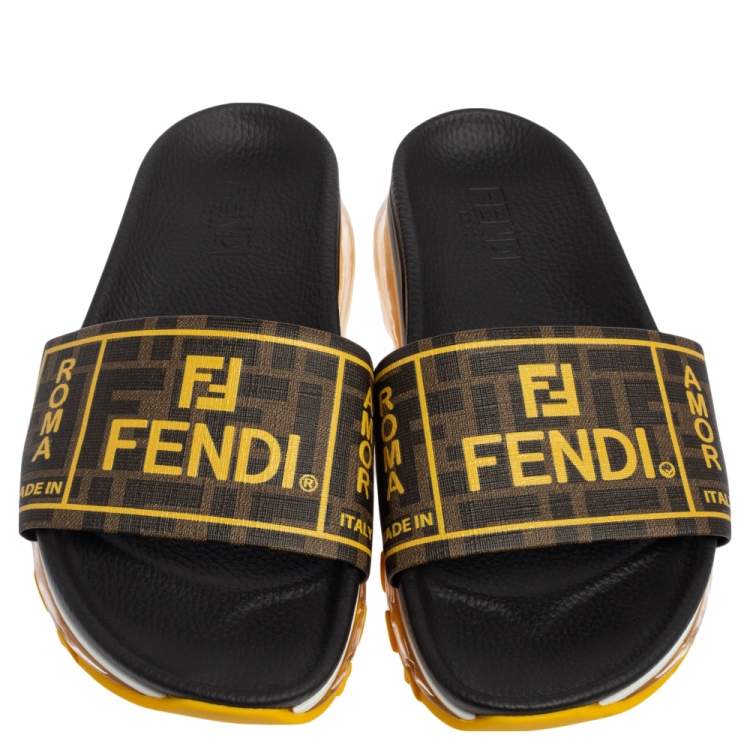 Pre Owned Fendi Tobacco/Yellow Zucca Coated Canvas Logo Slide Sandals Size 42