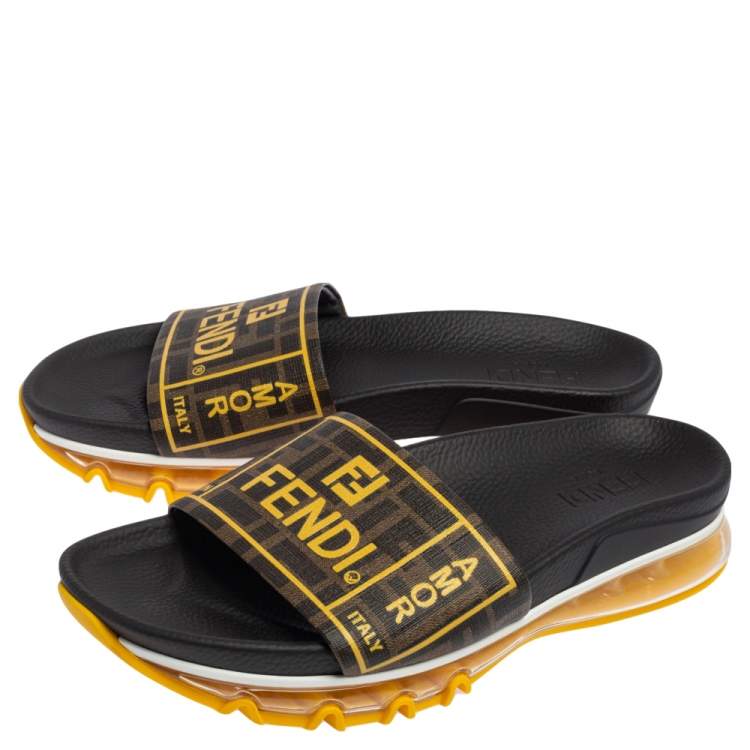 Pre Owned Fendi Tobacco/Yellow Zucca Coated Canvas Logo Slide Sandals Size 42