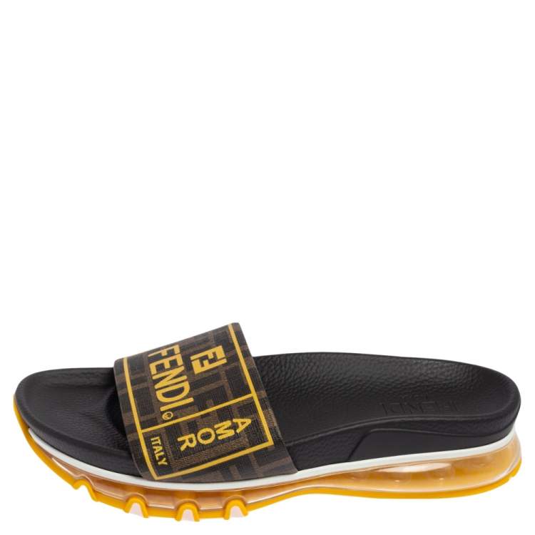 Pre Owned Fendi Tobacco/Yellow Zucca Coated Canvas Logo Slide Sandals Size 42