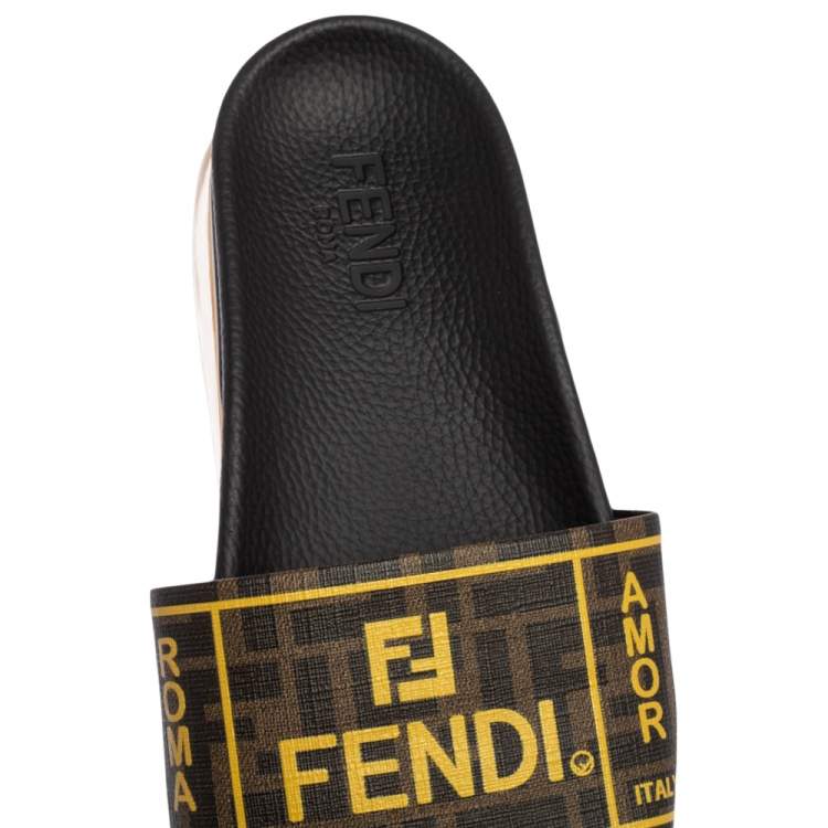 Pre Owned Fendi Tobacco/Yellow Zucca Coated Canvas Logo Slide Sandals Size 42