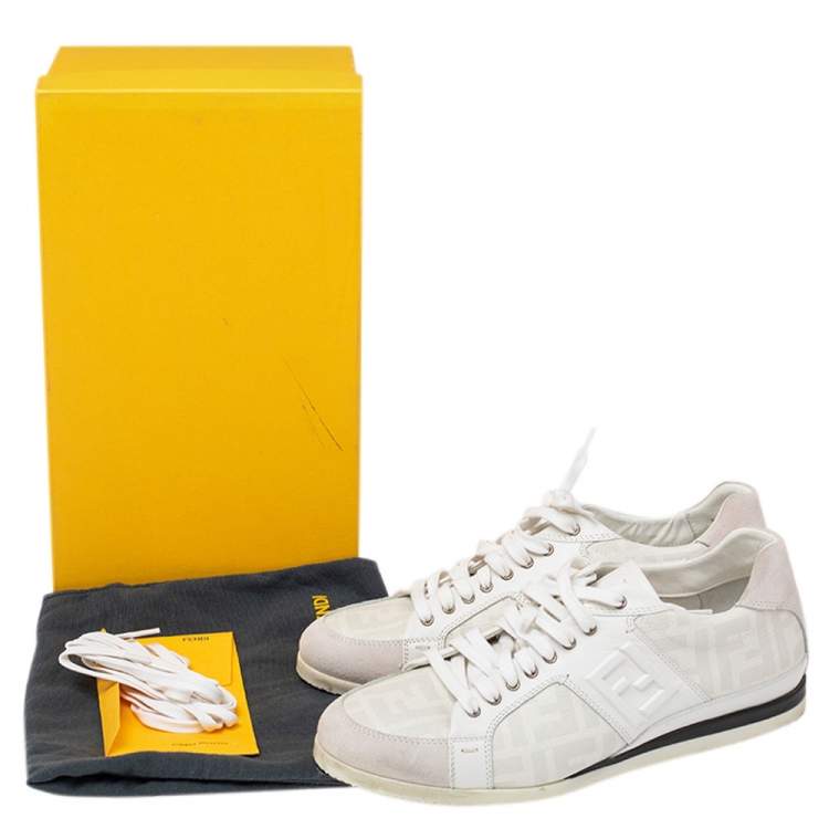 Pre Owned Fendi White/Grey Zucca Coated Canvas and Suede FF Sneakers Size 42