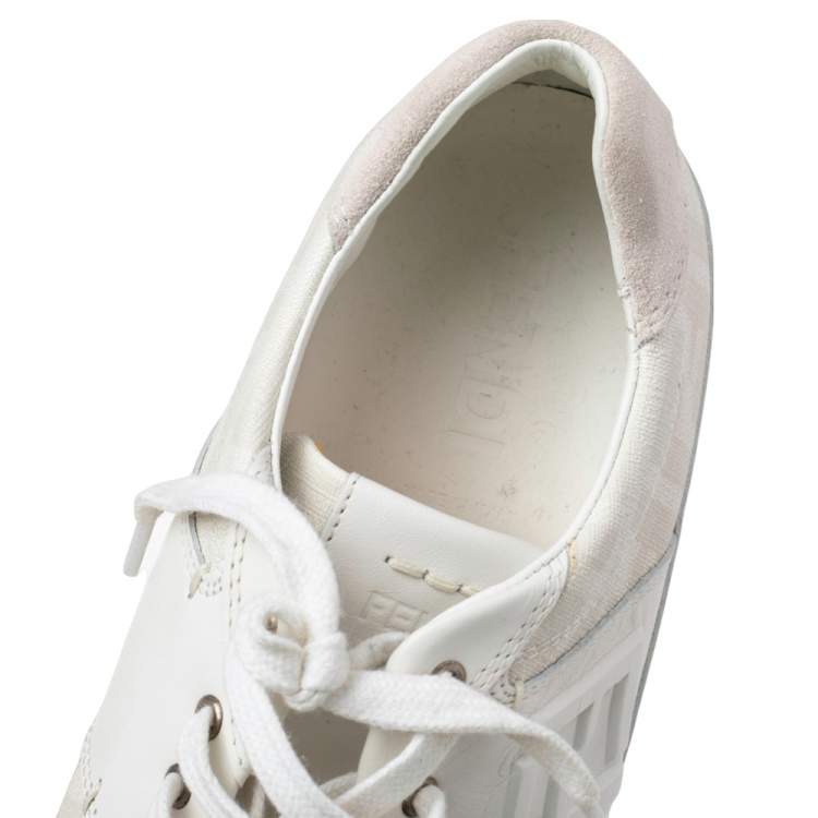Pre Owned Fendi White/Grey Zucca Coated Canvas and Suede FF Sneakers Size 42