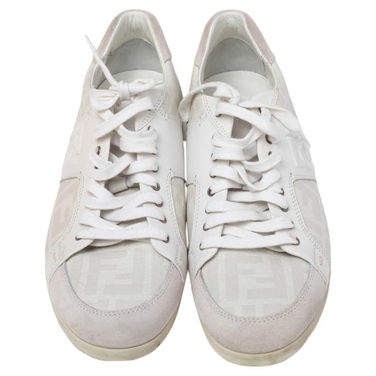 Pre Owned Fendi White/Grey Zucca Coated Canvas and Suede FF Sneakers Size 42