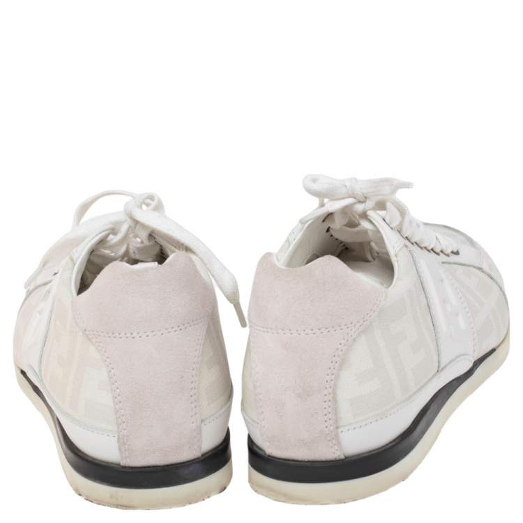 Pre Owned Fendi White/Grey Zucca Coated Canvas and Suede FF Sneakers Size 42