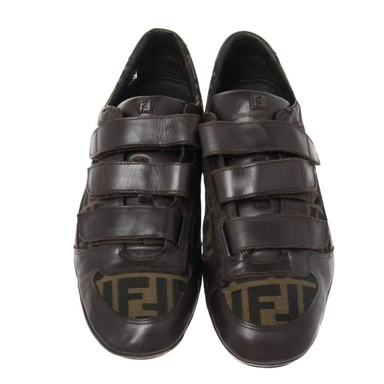 Pre Owned Fendi Tobacco Zucca Canvas And Leather Velcro Strap Sneakers Size 41