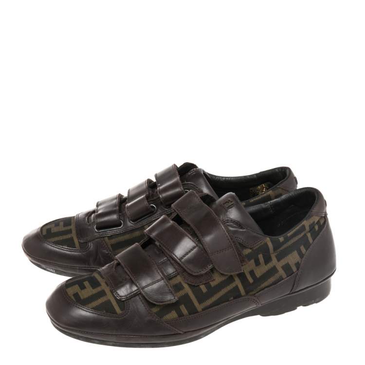 Pre Owned Fendi Tobacco Zucca Canvas And Leather Velcro Strap Sneakers Size 41
