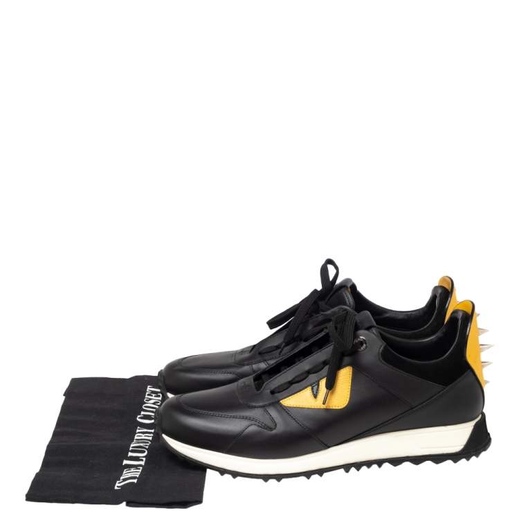 Pre Owned Fendi Black/Yellow Leather Monster Eyes Studded Low Top Sneakers Size 41
