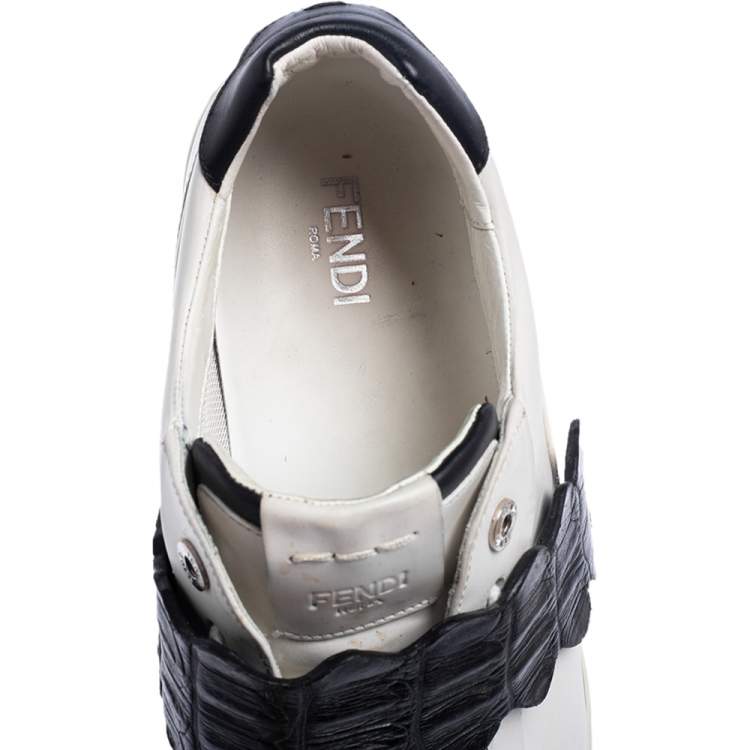 Pre Owned Fendi White/Brown  Leather And Croc Strap Low Top Sneakers Size 40