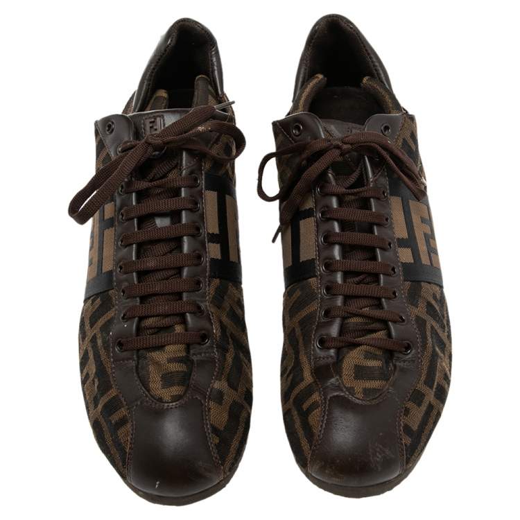 Pre Owned Fendi Tobacco Zucca Canvas And Leather Logo Lace Up Sneakers Size 42.5