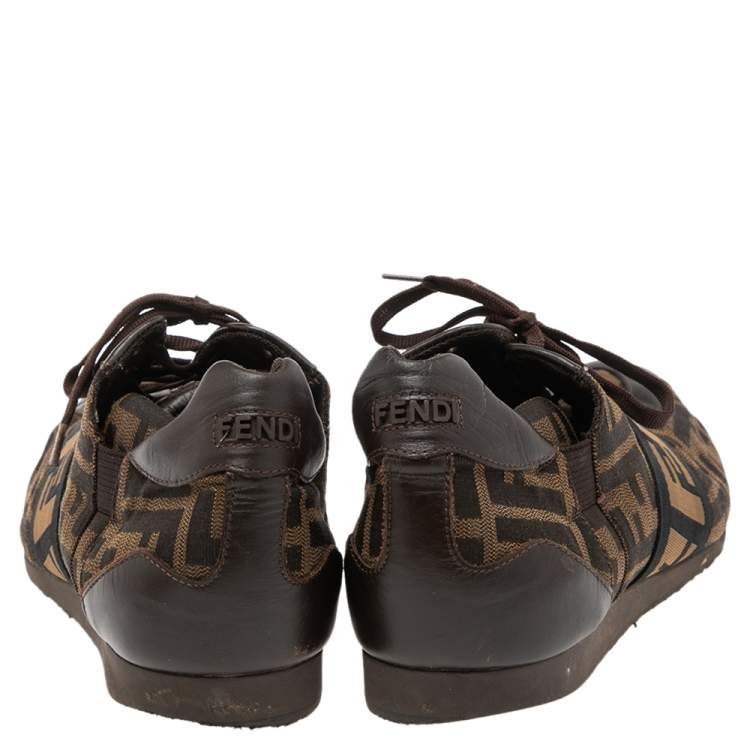 Pre Owned Fendi Tobacco Zucca Canvas And Leather Logo Lace Up Sneakers Size 42.5