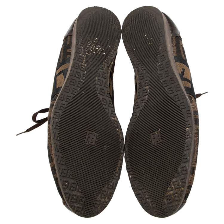 Pre Owned Fendi Tobacco Zucca Canvas And Leather Logo Lace Up Sneakers Size 42.5