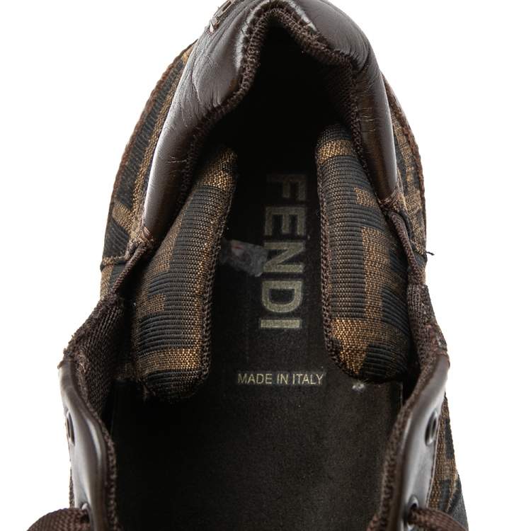 Pre Owned Fendi Tobacco Zucca Canvas And Leather Logo Lace Up Sneakers Size 42.5