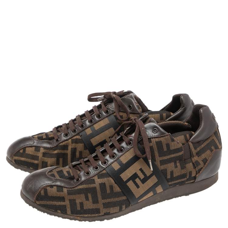 Pre Owned Fendi Tobacco Zucca Canvas And Leather Logo Lace Up Sneakers Size 42.5