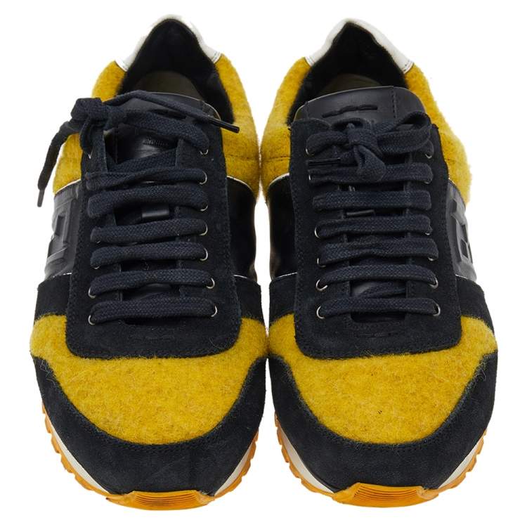 Pre Owned Fendi Black/Yellow Leather And Tweed FF Logo Band Lace up Sneakers Size 41.5
